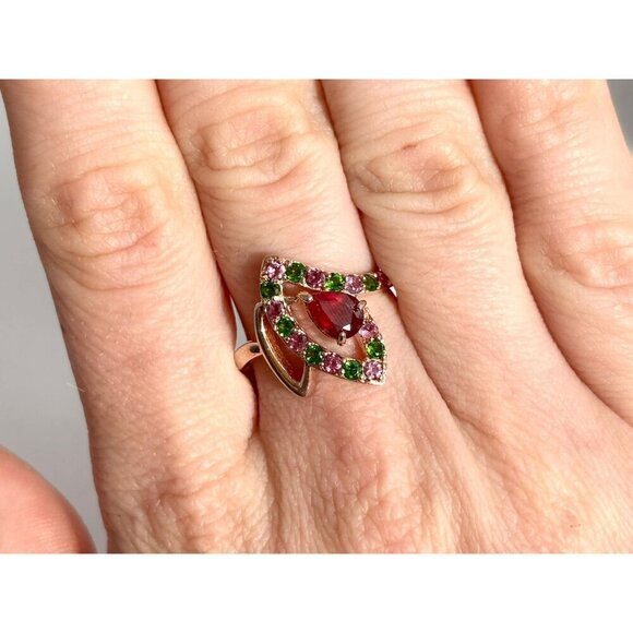 Rose Gold Sterling Silver Center Teardrop Gemstone Vintage Ring - sz 8 - Picture 9 of 10